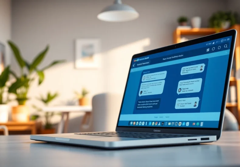 Engaging website chatbot conversation displayed on a laptop in a modern office environment.