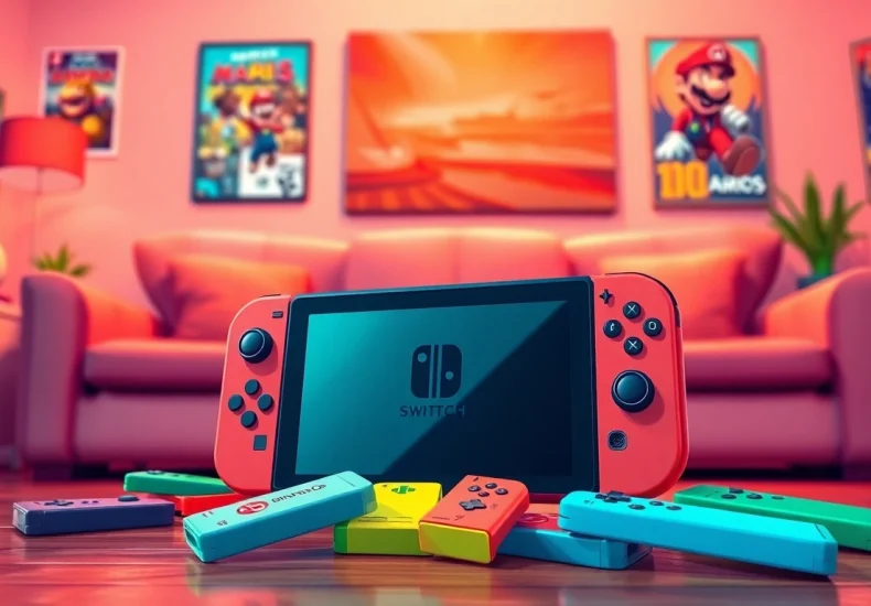 Nintendo Switch games displayed alongside a console in a lively gaming room atmosphere.
