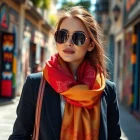 Vibrant vela scarves on a stylish model amidst urban street art.