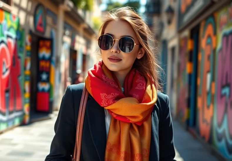 Vibrant vela scarves on a stylish model amidst urban street art.