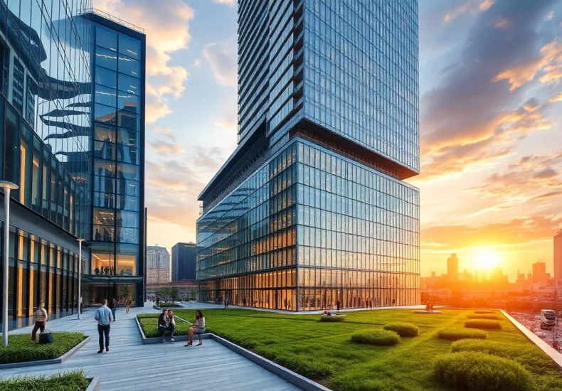 Architekturvisualisierung einer modernen Bürogebäudes mit urbanem Hintergrund und lebhaften Details.