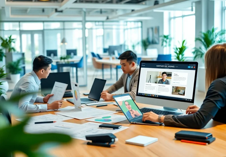 WordPress Agentur team collaborating on digital design project in modern office.