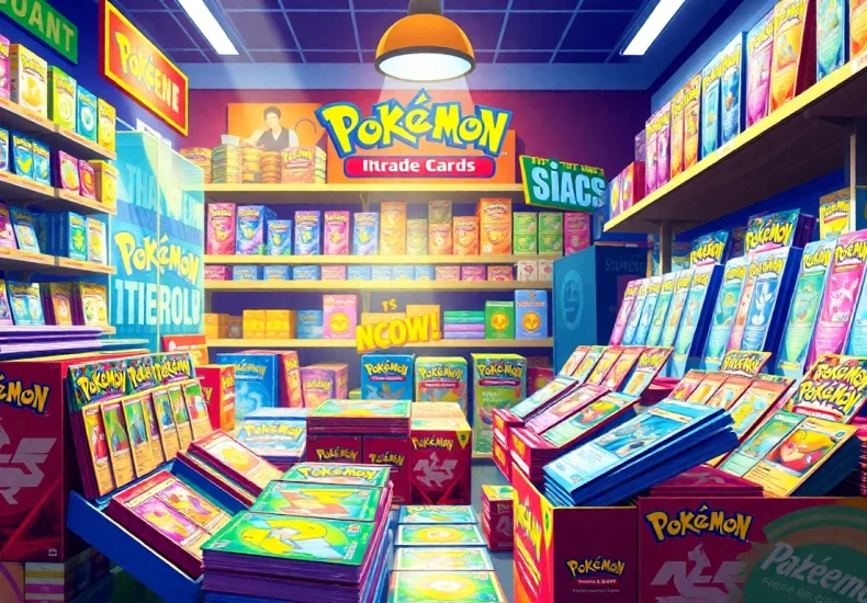 Explore a vibrant Pokémon TCG India retail display featuring various cards and accessories.