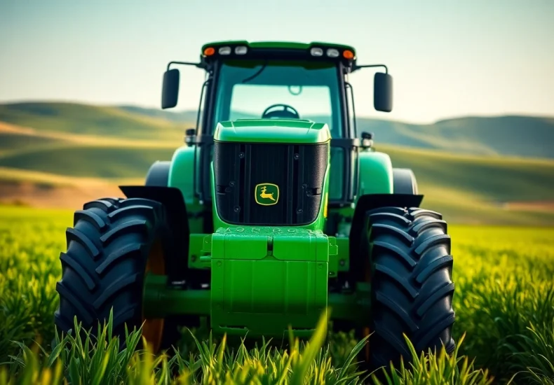 John Deere Traktor in einem grünen Feld, zeigt modernste Agrartechnologie in Aktion.