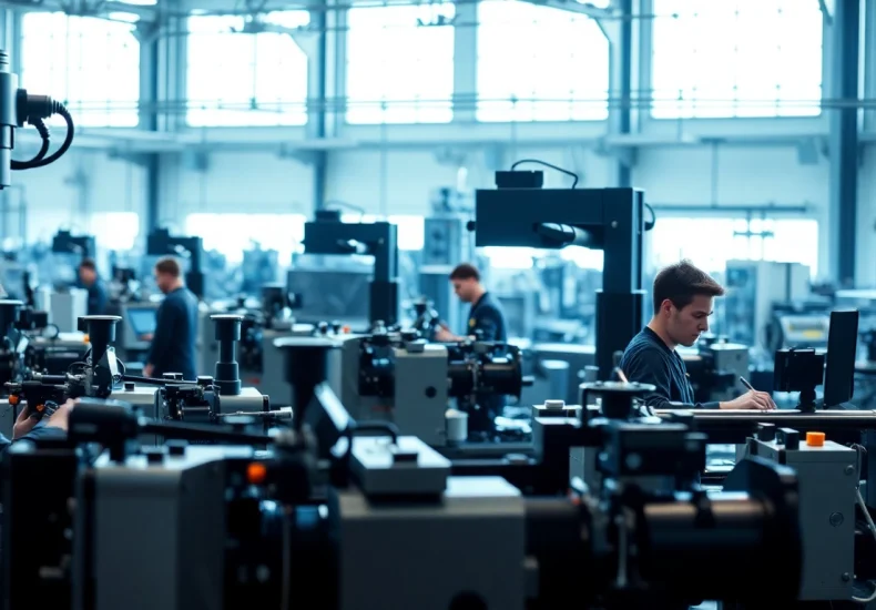 Manufacturers working in a high-tech facility showcasing advanced machinery and production processes.
