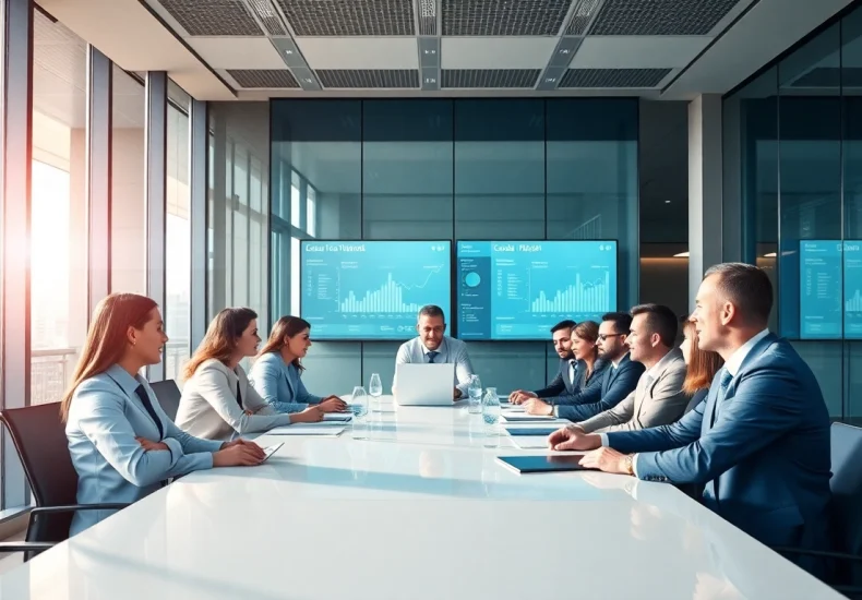 Engaged team discussing strategies at Claymore Partners in a modern office setting.