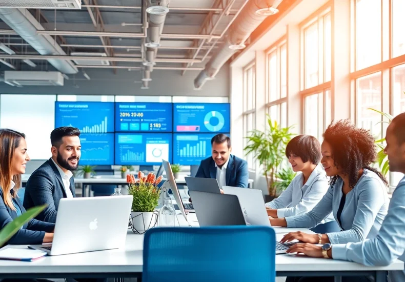 Collaborative team of a managed IT provider working together in a modern office environment.