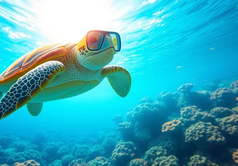 A sea turtle swimming with a turtle snorkel in a vibrant underwater scene, showcasing colorful coral.