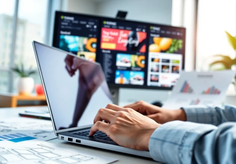 Create an engaging website design with a professional designer using a laptop and design tools in a creative workspace.