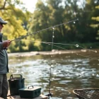 Attend fly fishing lessons near me with an expert instructor casting in a tranquil river.