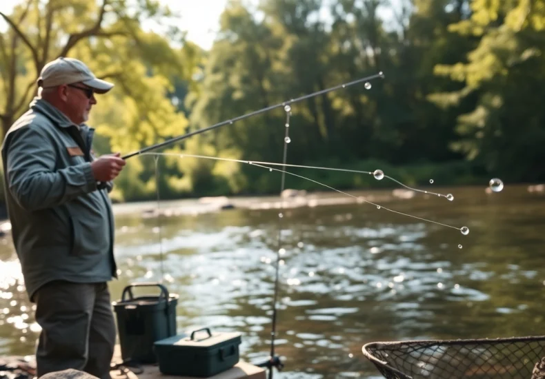 Attend fly fishing lessons near me with an expert instructor casting in a tranquil river.
