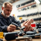 Crafting Replacement Car Keys in a well-lit workshop with professional tools and keys visible.