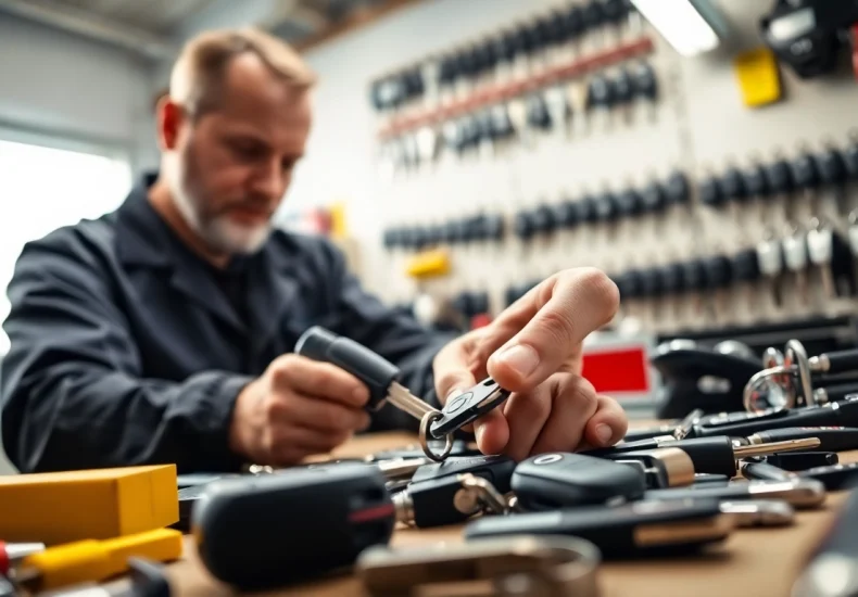 Crafting Replacement Car Keys in a well-lit workshop with professional tools and keys visible.