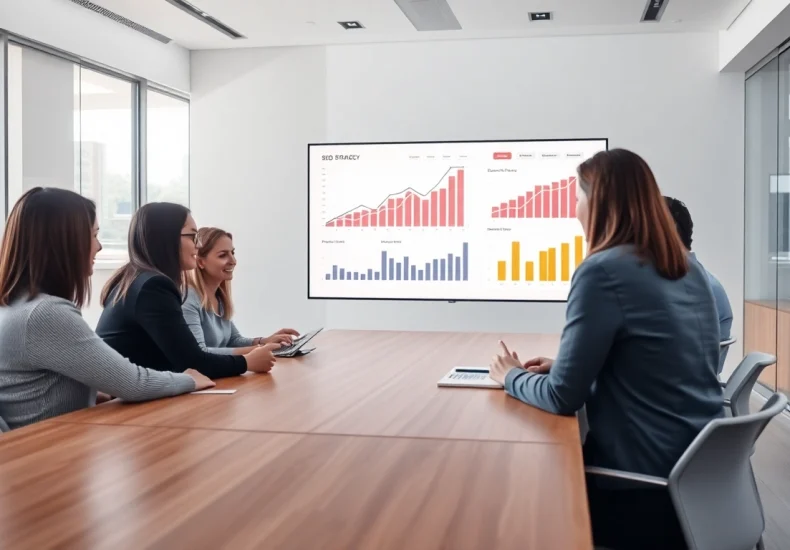 Analyze https://inkwellmarketinggroup.com/seo strategies in a modern office setting with a diverse team.