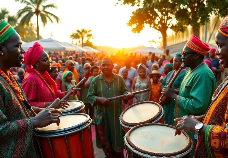 Stream African music anytime with lively musicians performing traditional instruments in a vibrant outdoor concert.