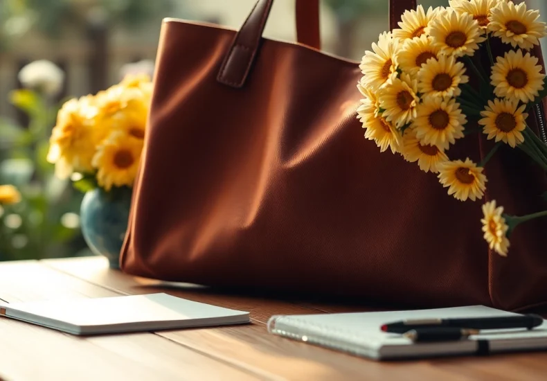 Stylish tote bag on a wooden table with flowers, showcasing its intricate details.
