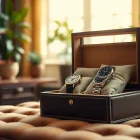 Display of premium watch boxes showcasing luxury watches with elegant craftsmanship.