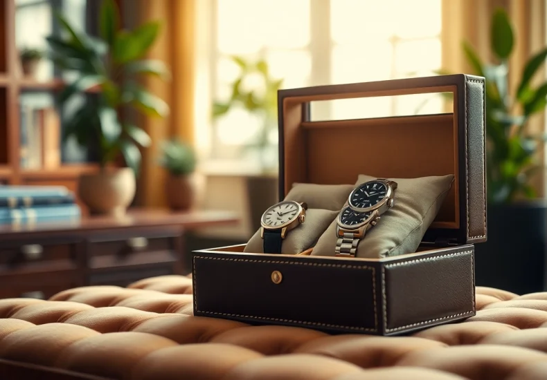 Display of premium watch boxes showcasing luxury watches with elegant craftsmanship.