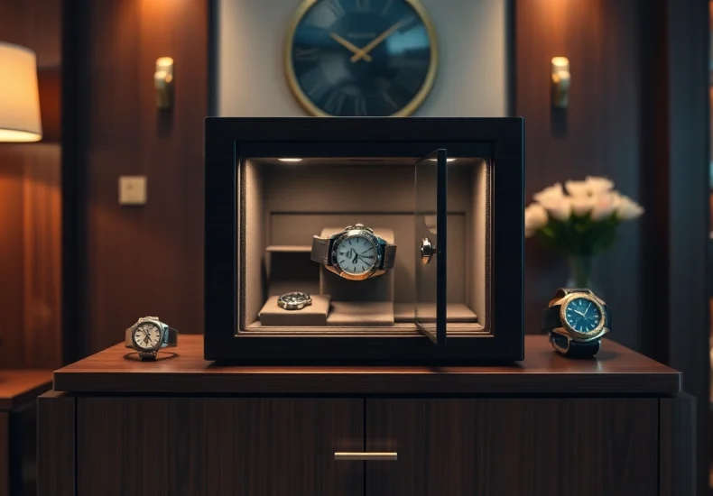 Securely showcasing a watch safe in an elegant home setting with luxury timepieces.