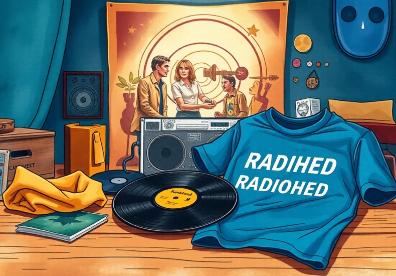 Showcase of exclusive Radiohead merch featuring a t-shirt, vinyl, and poster art.
