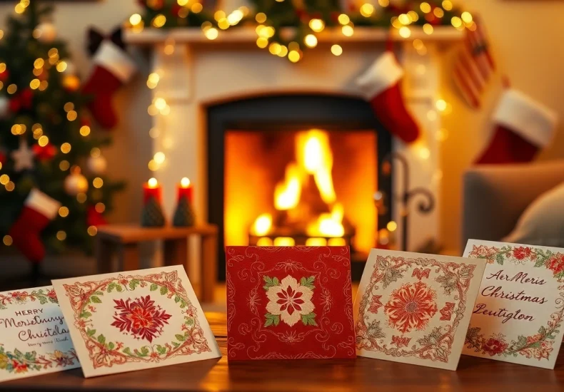 Explore vibrant Christmas cards Islington displayed in a cozy holiday setting with warm decorations.