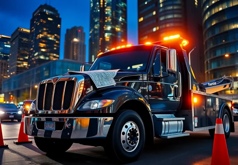 Reliable tow truck service in Toronto available 24/7 with essential urban elements.