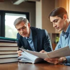 Engaged environmental lawyer advising a client in a professional office setting.