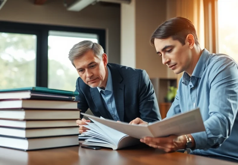 Engaged environmental lawyer advising a client in a professional office setting.
