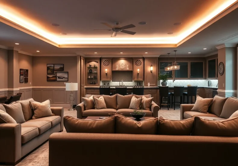 Stylish basement finishing Bellevue TN showcasing a cozy entertainment space with elegant lighting.