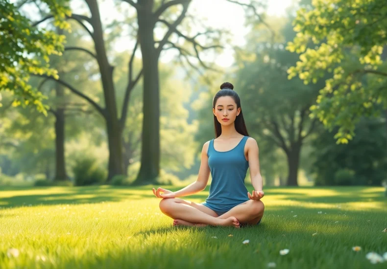 Relaxed individual practicing mindfulness for dealing with stress in a tranquil park setting.