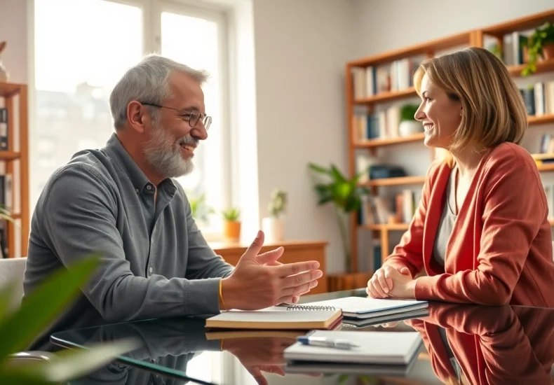 Empathetic relationship coach guiding a client through personal development in a bright office.
