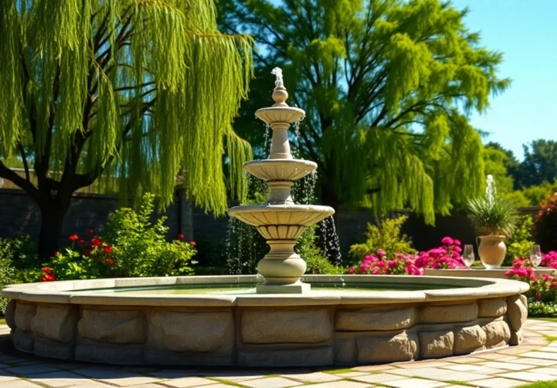 Schöner gartenbrunnen in einem eleganten Garten mit bunten Blumen und grünem Laub.