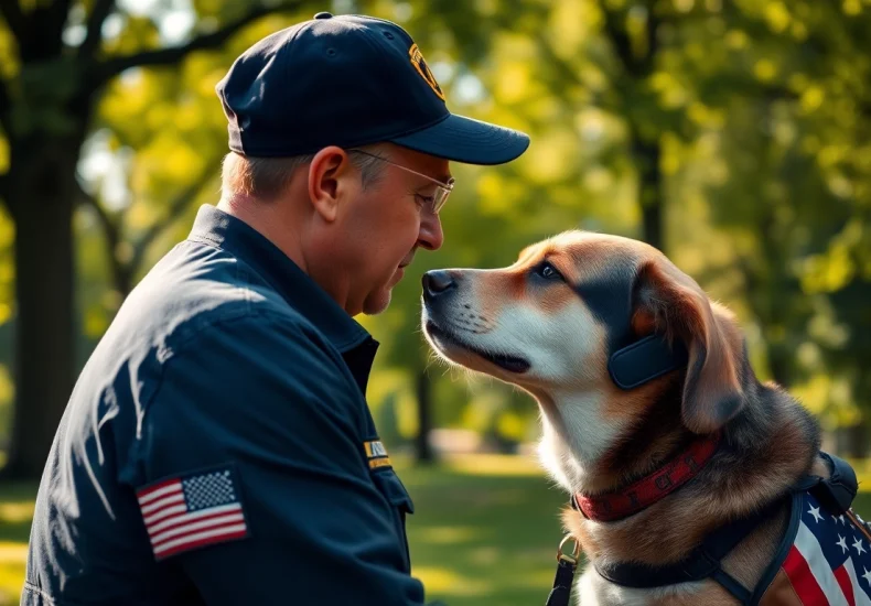 PTSD service dogs comforting a veteran in nature, symbolizing support and healing.