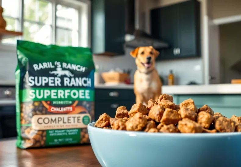 Showcase badlands ranch superfood complete dog food in an elegant kitchen, emphasizing quality and nutrition.