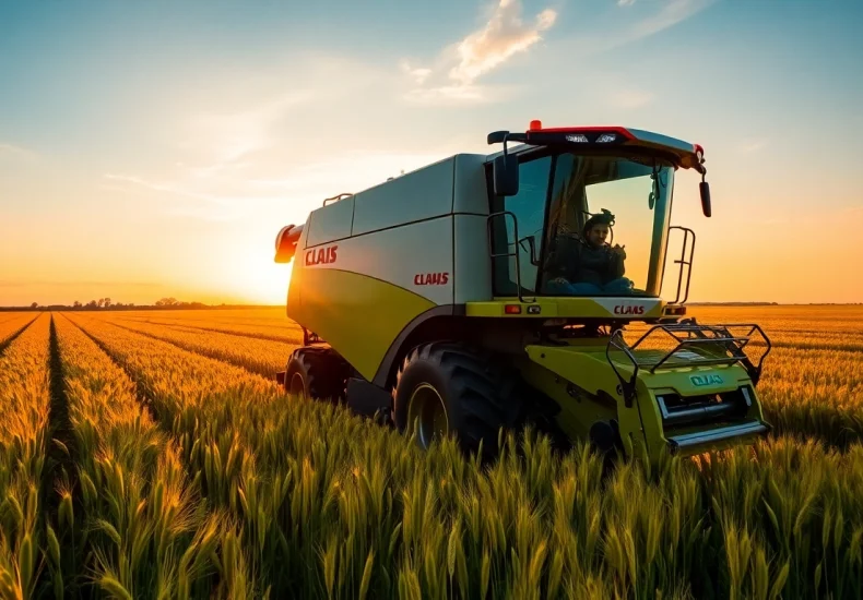 Claas Mähdrescher, der in einem goldenen Weizenfeld bei Sonnenuntergang arbeitet.