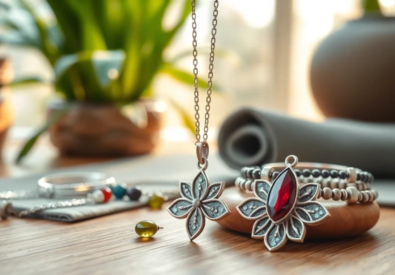 Explore stunning yoga jewelry featuring elegant designs and vibrant gemstones on a serene backdrop.