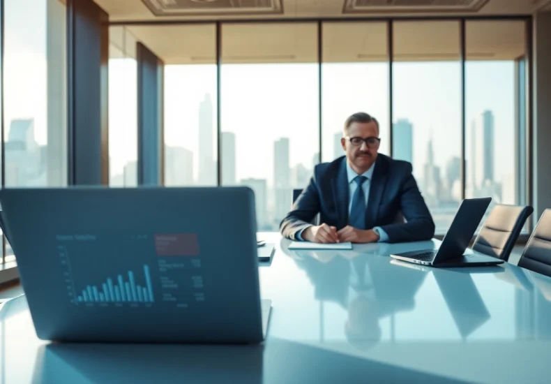 B2B buyer analyzing data on a laptop in a modern office setting.
