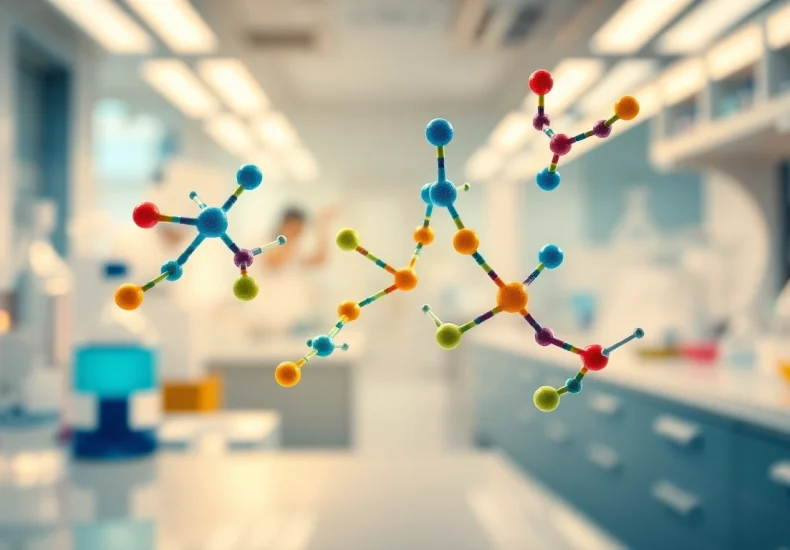 Amino acids forming protein structures in a vibrant laboratory setting, showcasing molecular science.