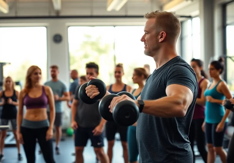 Personal trainer Tunbridge Wells motivating clients in a vibrant gym environment.
