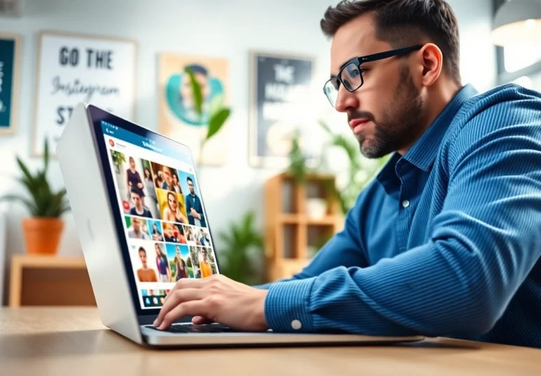 View Instagram stories on a colorful laptop screen in a vibrant office setting.