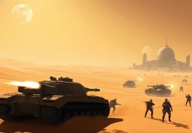 Engage with the Dune 2 game as futuristic tanks battle in a dramatic desert landscape.