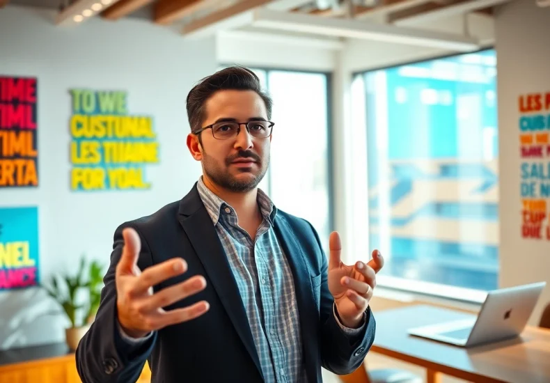 Pedro Adao passionately presents strategies in a contemporary office setting.