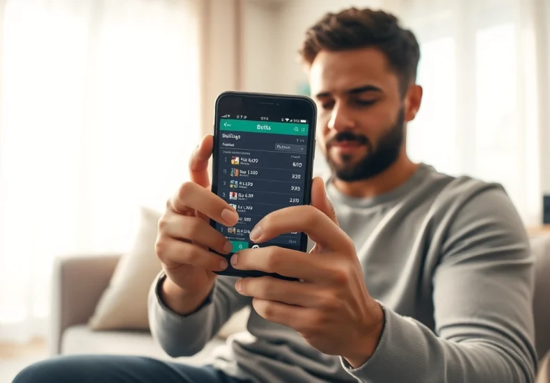 Engaged user exploring the Best betting apps for Android in a cozy living room setting.