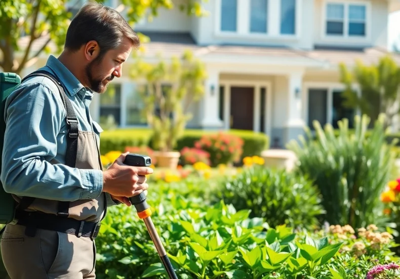 Pest control services technician examining a home garden for infestations with professional equipment.