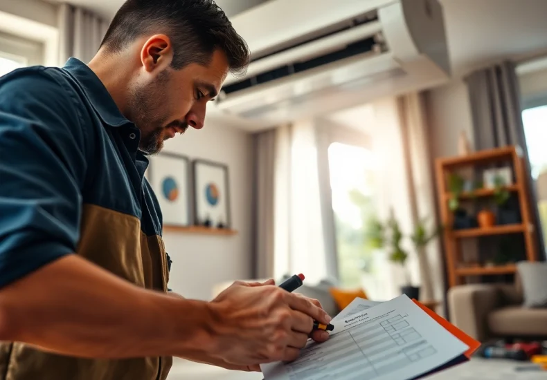 AC repair Mesa AZ - Skilled technician performing repair work on an air conditioning unit in a home's living room.