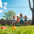 Family enjoying the thrill of ZIP WIRE KITS in a sunny backyard setting.