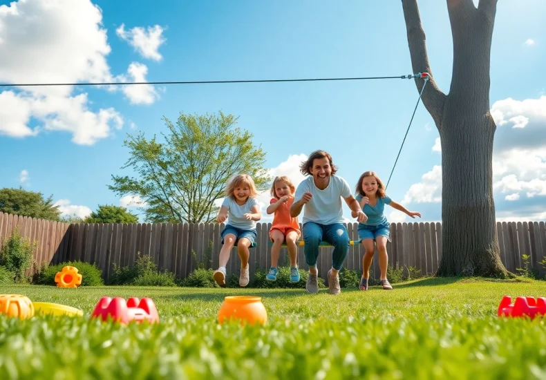 Family enjoying the thrill of ZIP WIRE KITS in a sunny backyard setting.