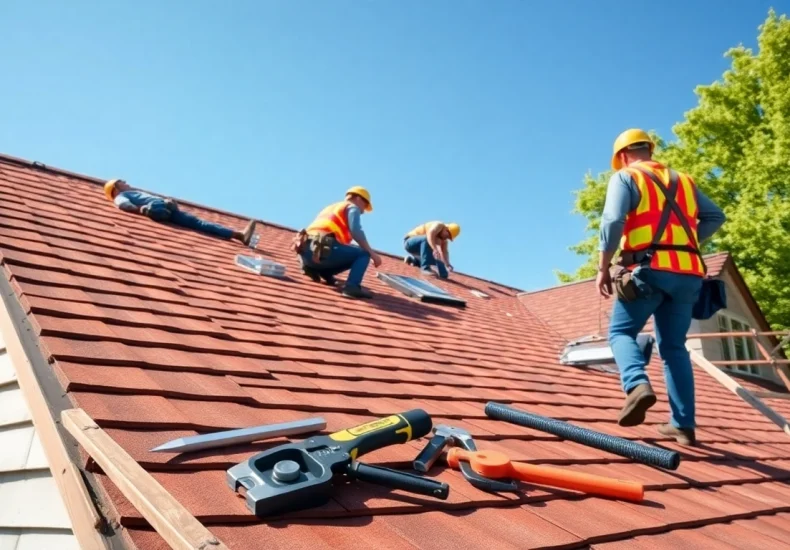 Roofing Vancouver Wa showcased with professionals installing a roof in a sunny residential area.