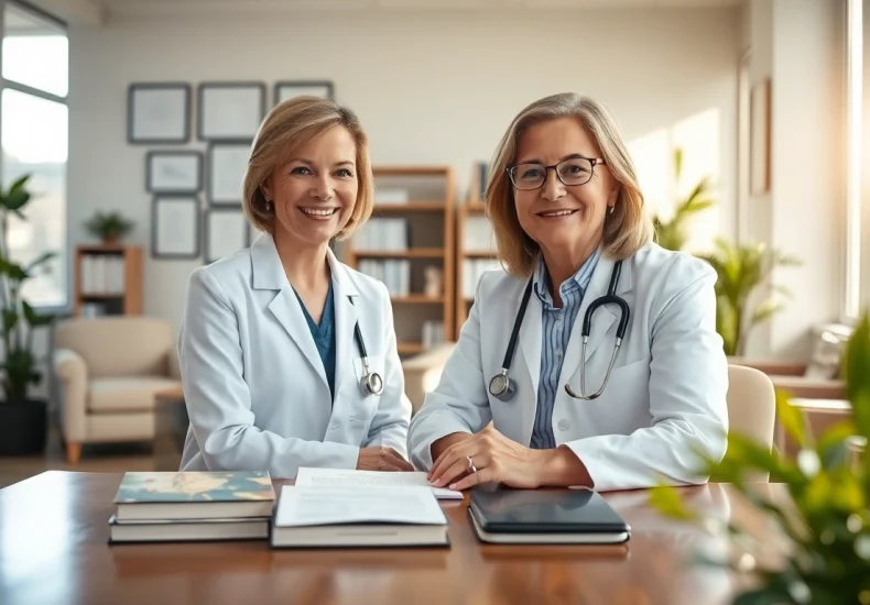 Engaging concierge care physicians consultation scene in a bright, welcoming clinic environment.