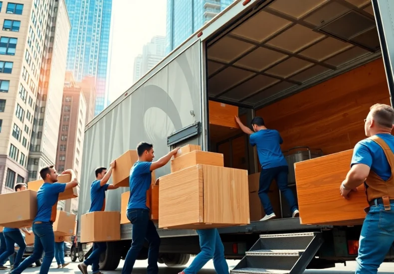 Efficient Manhattan moving company team loading furniture into a truck in bustling city.